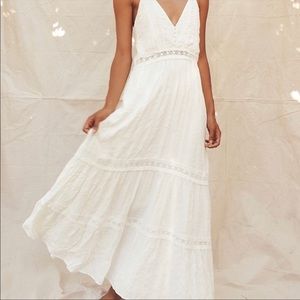 Lulu’s Light Breeze White Striped Crochet Lace Tiered Maxi Dress